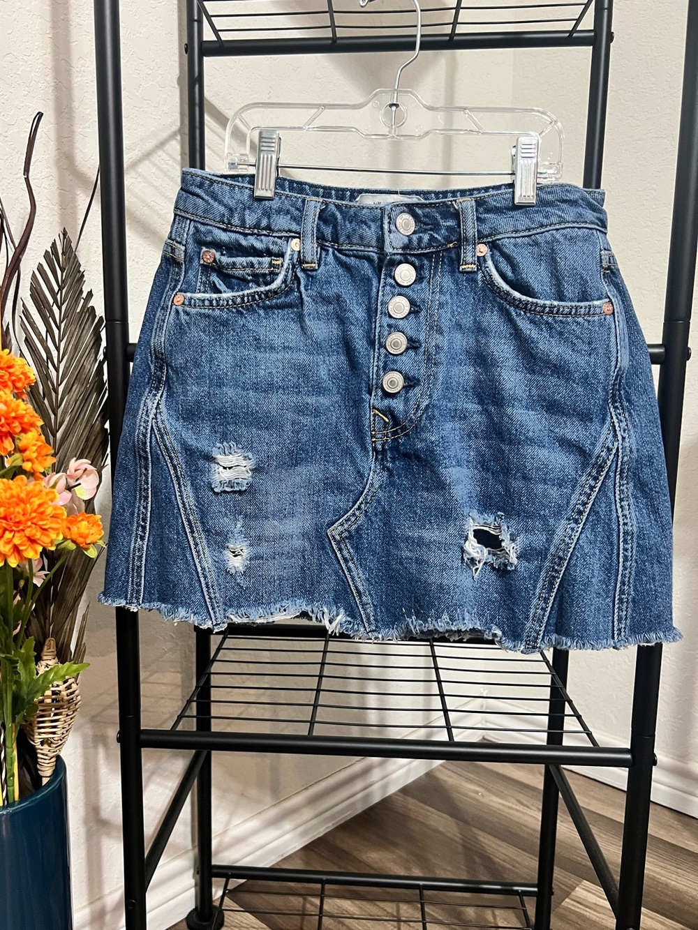 We The Free, Free People Blue Distressed Denim Mini Skirt